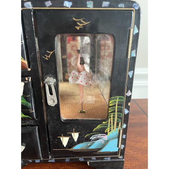 Vintage Black Lacquer Japanese Jewelry Box Ballerina Music Box Hand-painted - Picture 2 of 12